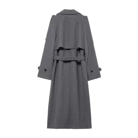Women Long Woolen Look Overcoat Double Breasted Trench Coat With Belt Elegant Casual Solid Winter Autumn Outwear Grey