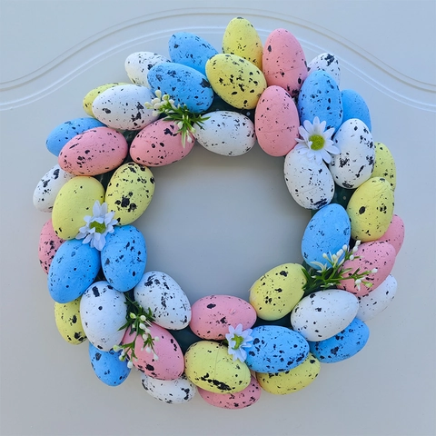 Easter Wreath Artificial Colorful Macaron Speckled Eggs With White Daisies Spring Front Door Hanging Decoration