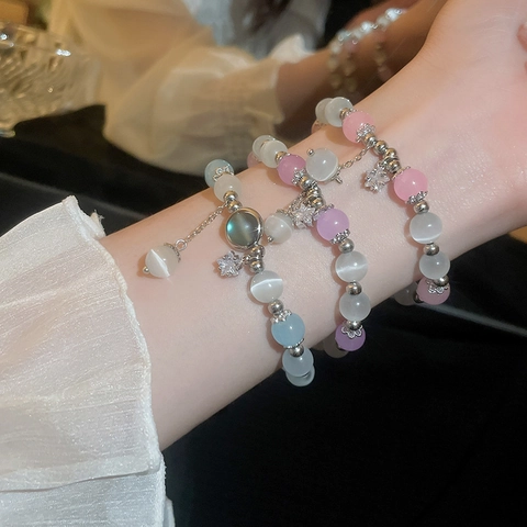 Cat's Eye Stone Beaded Bracelet With Star Zircon Pendant Elastic Korean Style Sweet Jewelry For Women