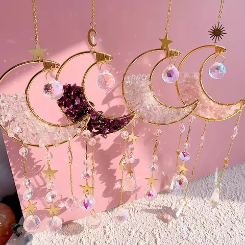 Handmade Moon Crystal Suncatcher With Natural Stone Chips And Prism Ball Rainbow Maker Hanging Ornament For Window Home Decor