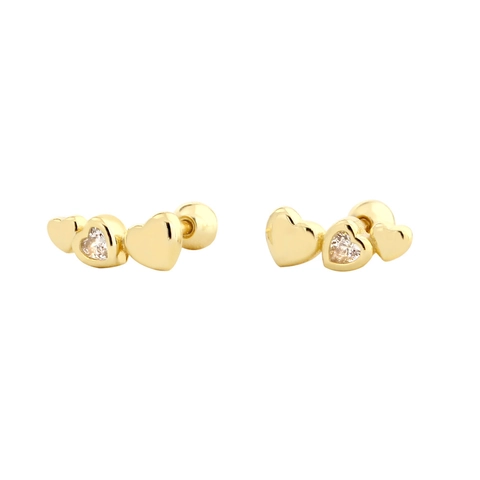 Triple Heart Stud Earrings 925 Sterling Silver Dainty Cubic Zirconia Small Minimalist Secure Ball Screwback For Women
