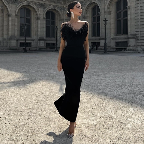Elegantes Damen Feder Trägerloses Maxikleid Sexy Körperbetontes Party Abendkleid Smoken Ärmellos Schlank Federbesatz Kleid