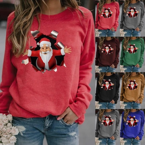 Women's Christmas Santa Print Long Sleeve Round Neck Sweatshirt Casual 3D Graphic Printed Top Autumn Winter Festive Women Clothing