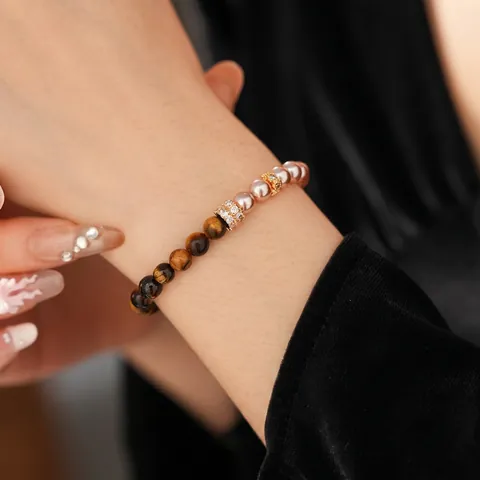 Pulsera De Cuentas Ojo De Tigre Perla Artificial Circón Chapado En Oro Moda Retro Elegante Joyería Minimalista