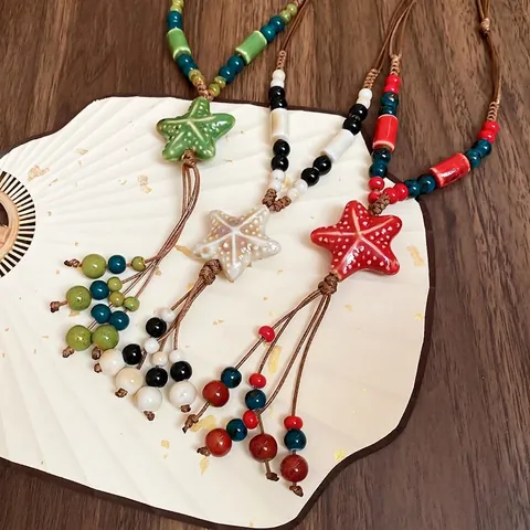 Sea Star Pendant Necklace Handmade Ceramic Colorful Beaded Wax Rope Tassel Bohemian Beach Resort Style For Women