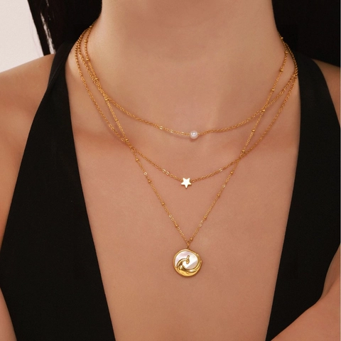 Collar Colgante Redondo Concha Blanca Relieve Fénix Acero Inoxidable Chapado Oro Joyería Moda Para Mujeres