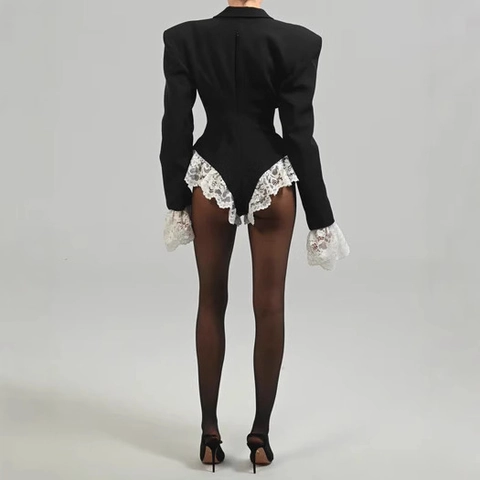 Women Long Sleeve Blazer Bodysuit Sexy V Neck Contrast Color Lace Trim Padded Shoulder Slim Fit Jumpsuit Top
