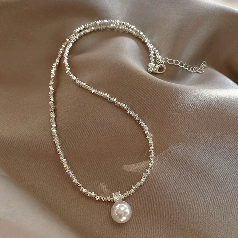 Collar Elegante Con Cuentas De Plata Rota Y Colgante De Perla Artificial De Imitación Blanca Con Circón Para Mujer Cadena De Clavícula Minimalista