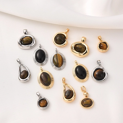 Pendentif Œil De Tigre Naturel Agate Noire Breloques En Cuivre Plaqué Or 18K Pour Création De Bijoux DIY Style Vintage Élégant