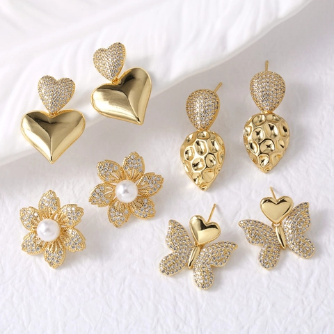 Pendientes De Moda Chapados En Oro Cobre Corazón Mariposa Flor Zirconia Perla Artificial Joyería Para Mujeres Elegante