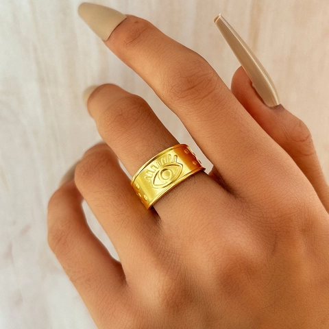 Anello Regolabile Occhio Del Male Acciaio Inossidabile Fascia Larga Opaco Bohemian Retro Punk Gothic Gioielli Donna Uomo