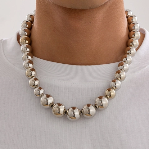 Collar De Cuentas Redondas Gruesas Acabado Metálico CCB Cadena De Bolas Hip Hop Joyería Punk Exagerada Para Hombres