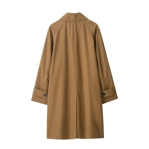 Women Long Trench Coat Twill Polyester Lapel Single Breasted Plaid Lining Casual Elegant Outerwear Camel