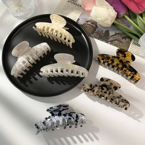 Pinzas Para El Pelo Grandes De Acetato Estilo Francés Horquillas Antideslizantes Estampado Leopardo Mármol Pelo Grueso