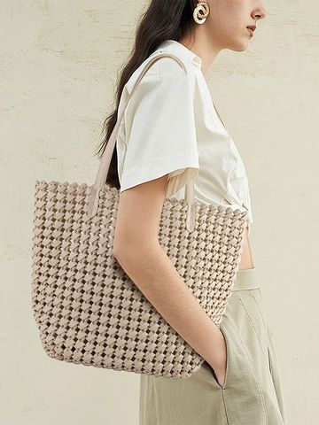 Retro Handmade Woven Synthetic Leather Tote Large Capacity Hollow Out Shoulder Bag With Inner Pouch Women Vacation