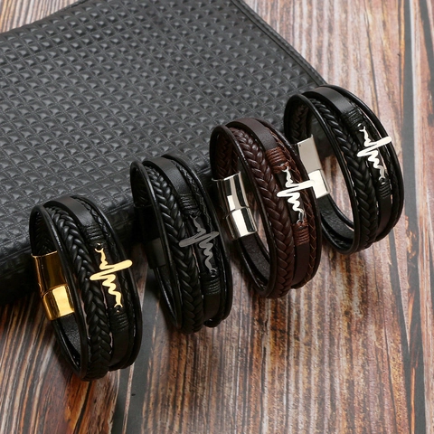 Bracciale In Pelle Intrecciata Multistrato Con Onda Battito Cardiaco ECG In Acciaio Inossidabile Chiusura Magnetica Da Uomo