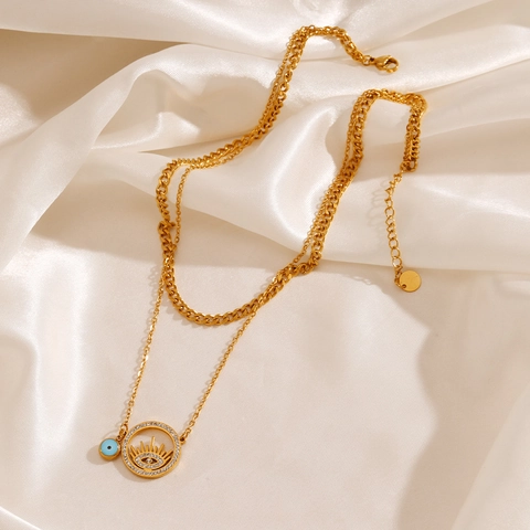 Stainless Steel Double Layer Evil Eye Pendant Necklace Gold Plated Rhinestone Bohemian Fashion Jewelry For Women