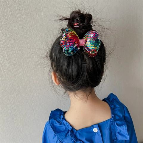 Girls Sequin Bow Hair Clip Shiny Double Layer Sparkling Hairpin For Kids Performance Party Sweet Princess Accessory