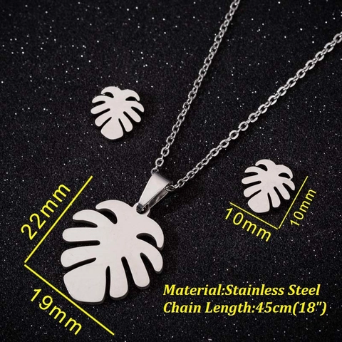 Stainless Steel Monstera Leaf Pendant Necklace And Stud Earrings Tropical Plant Design For Women Elegant Jewelry