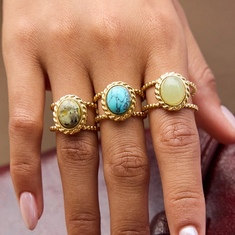Vintage Türkis Ring Edelstahl 18K Vergoldet Verstellbar Offenes Band Boho Schmuck Für Damen