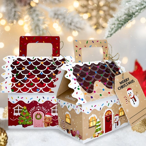 Weihnachts Lebkuchenhaus Geschenkbox Papierverpackung Für Süßigkeiten Kekse Snack Kraft Tragbar Mit Griff Anhänger Party Deko