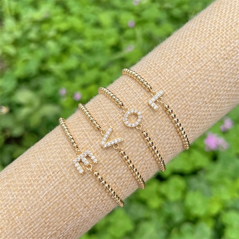 Initial Letter A-Z Charm Bracelet Copper 18K Gold Plated Zirconia Micro Pave Beaded Chain Adjustable For Women Men