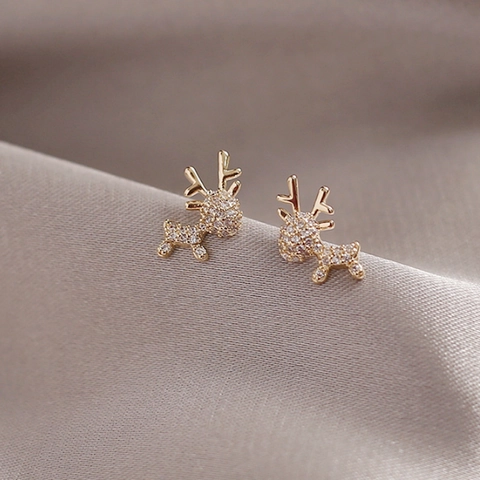 Golden Reindeer Stud Earrings Exquisite Rhinestone Animal Tiny Minimalist With Copper Earring Post