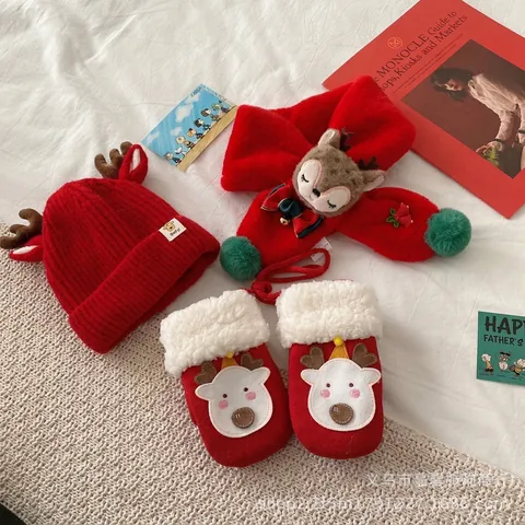 Christmas Baby Hat Scarf And Gloves Reindeer Antler Knit Plush Warm Winter Toddler Infant Neck Warmer Mittens Outdoor