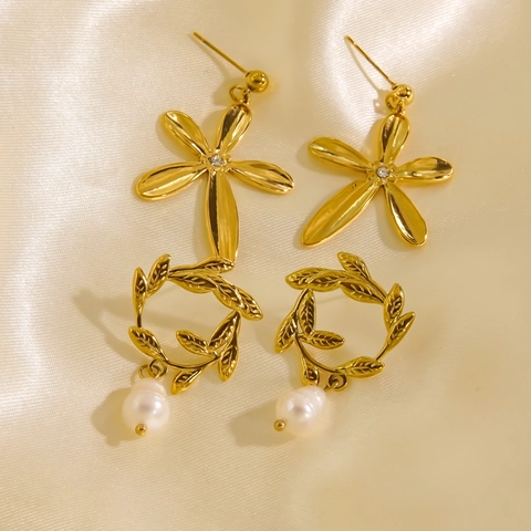 Elegante Edelstahl 14K Vergoldete Blume Blatt Ohrstecker Mit Künstlicher Perle Strass Für Damen Schmuck