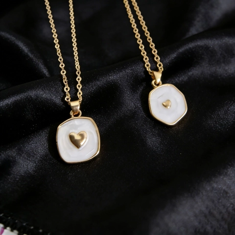 White Enamel Heart Pendant Necklace Gold Plated Copper Geometric Square Hexagon Minimalist Fashion Jewelry For Women