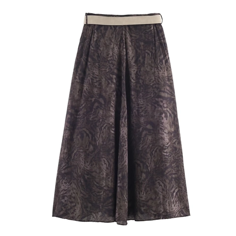 Women Animal Print Midi Skirt With Belt High Waist Polyester Tiger Leopard Pattern Streetwear Fashion Bottoms