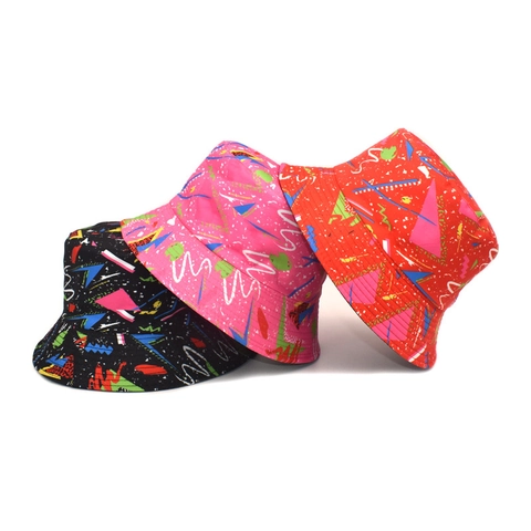 Retro Geometric Print Bucket Hat For Men And Women Polyester Wide Brim Sun Protection Foldable Graffiti Pattern Pop Art Style