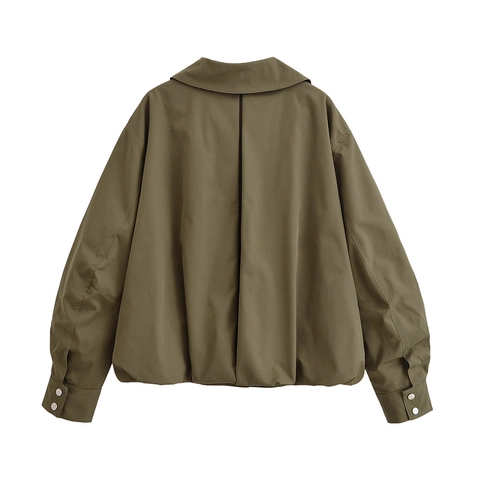 Giacca Bomber Oversize Da Donna Verde Oliva Twill Cappotto Da Volo Corto Con Orlo A Fibbia Bottone A Pressione