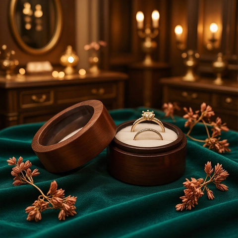 Round Walnut Wood Wedding Ring Box Velvet Moss Lining Clear Window Solid Lid Proposal Ceremony Engagement Jewelry Storage Box