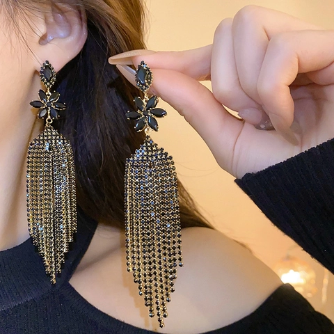 Orecchini Lunghi Con Nappe Design Floreale Strass Neri Rame Con Perno In Argento Gioielli Di Lusso Vintage Per Donne