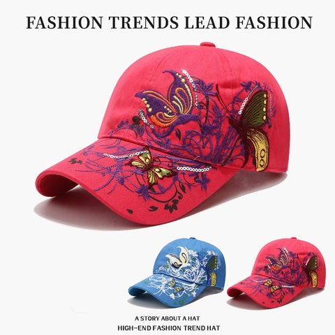 Berretto Da Baseball Con Ricamo Farfalla E Paillettes Cotone Cappello Sole Regolabile Moda Esterno Casuale Per Donne