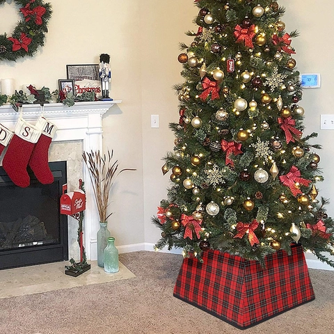 Collare Per Albero Di Natale A Quadri Rossi E Neri Copertura Base Albero In Tessuto Per Decorazione Casa