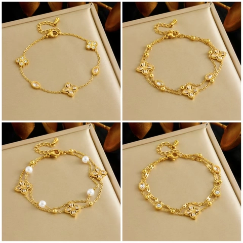 Stainless Steel Double Layer Bracelet For Women With Zircon Clover Flower And Imitation Artificial Pearl Fashion Jewelry