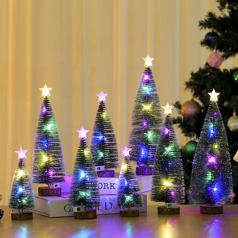 Mini Christmas Tree With LED Lights Snow Frosted Desktop Pine Tree Wood Base For Home Party Xmas Desktop Decoration