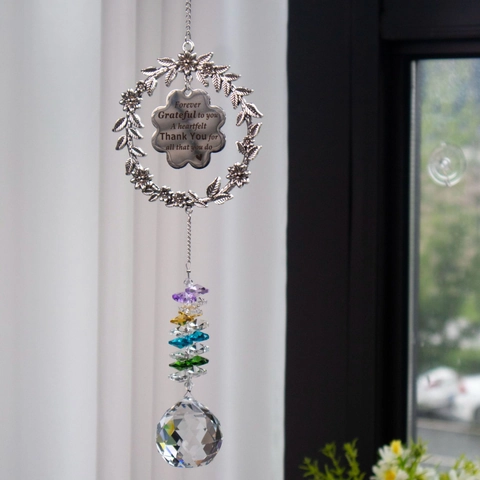 Suncatcher Crystal Hanging Ornament Alloy Wreath Heart Plaque Forever Grateful Thank You Gift Window Home Decor Prisms