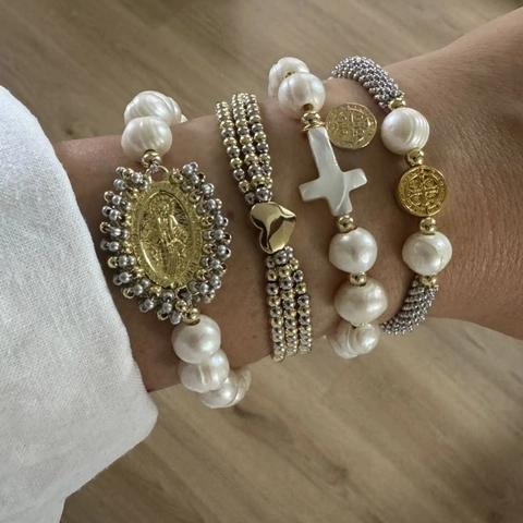 Bracelet Pendentif Croix Vierge Marie pour Femmes Mode Individuelle Religieuse Perle Artificielle Alliage Bracelet Perles Coeur Cadeau