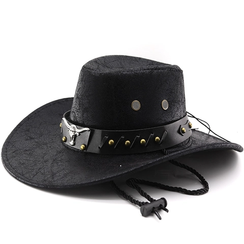 Cappello Da Cowboy Occidentale Pelle PU Logo Testa Di Toro Punk Vintage Tesa Larga Esterno Campeggio Festa Regolabile Unisex