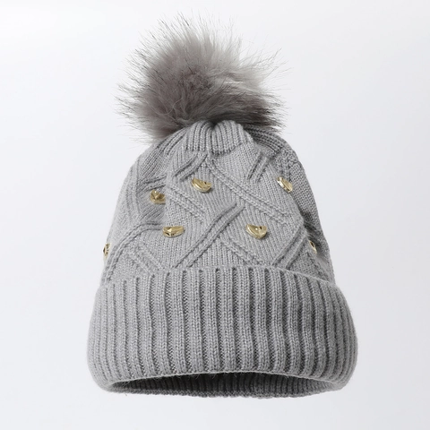 Strickmütze Mit Großem Kunstfell Bommel Und Goldnieten Winter Warm Elastisch Modisch Für Damen