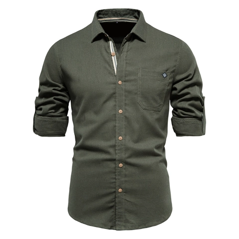 Men Casual Long Sleeve Shirt 100% Cotton Breathable Lapel Button Down With Pocket Solid Color Fashion Regular Fit
