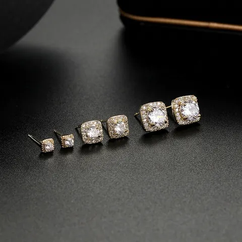 Square Halo Stud Earrings Cubic Zirconia Micropave Copper Jewelry With 925 Sterling Silver Earring Post Elegant Geometric For Women