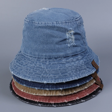 Cappello Alla Pescatora In Denim Lavato Effetto Consumato Bordo Sfilacciato Regolabile Unisex