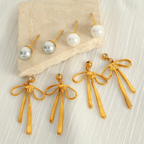 Elegante Titanium Staal Strik Oorbellen Voor Dames Verguld Kunstparel Lint Drop Oorknopjes High End Sieraden