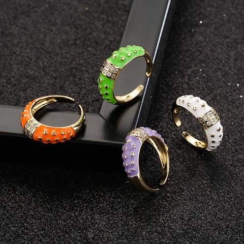 Bague Ouverte Étoile Émail Coloré Bohème Cuivre Plaqué Or Zircon Bijoux Géométriques Réglables