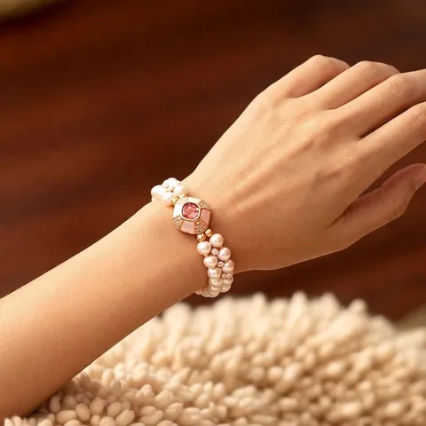 Collana E Bracciale Di Künstliche Perle Sintetiche A Doppio Filo Gioielli In Rame Placcato Oro Vintage Con Gemma Quadrata Zircone Per Donne