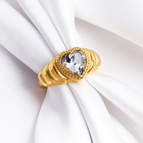 Ins Stil Herzform Strass Gold Vergoldet 316L Edelstahl Ring Für Damen Retro Texturiert Finger Schmuck Geschenk